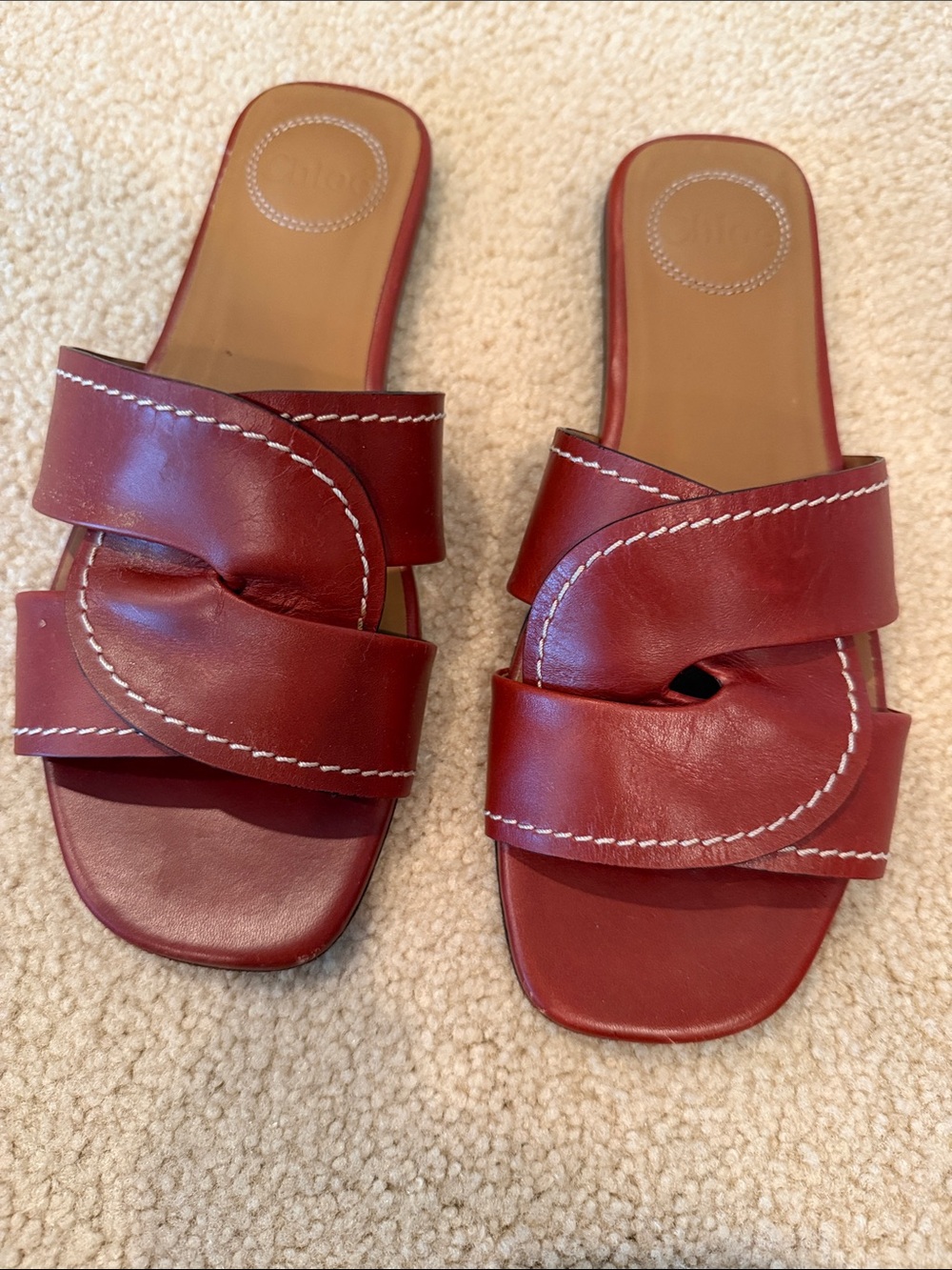CHLOE Women’s Brown Leather Slide Sandals with White Stitching